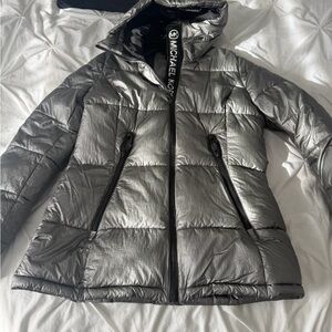 Michael Kors Metallic Charcoal Quilted Puffer Jacket with Hood